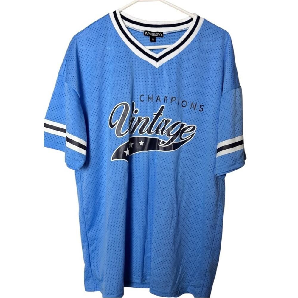Harper And Ivy Sporty Vintage Blue Jersey Style Short Sleeve  Shirt Sz M NWT